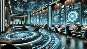 Professional esports tournament arena with teams competing on stage and large screens displaying gameplay